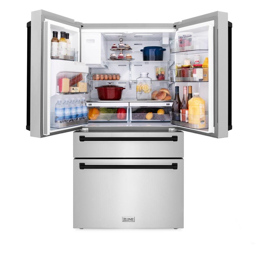 ZLINE Autograph Edition 48 in. Kitchen Package with Stainless Steel Dual Fuel Range, Range Hood, Dishwasher and Refrigeration Including External Water Dispenser with Matte Black Accents (4AKPR-RARHDWM48-MB)