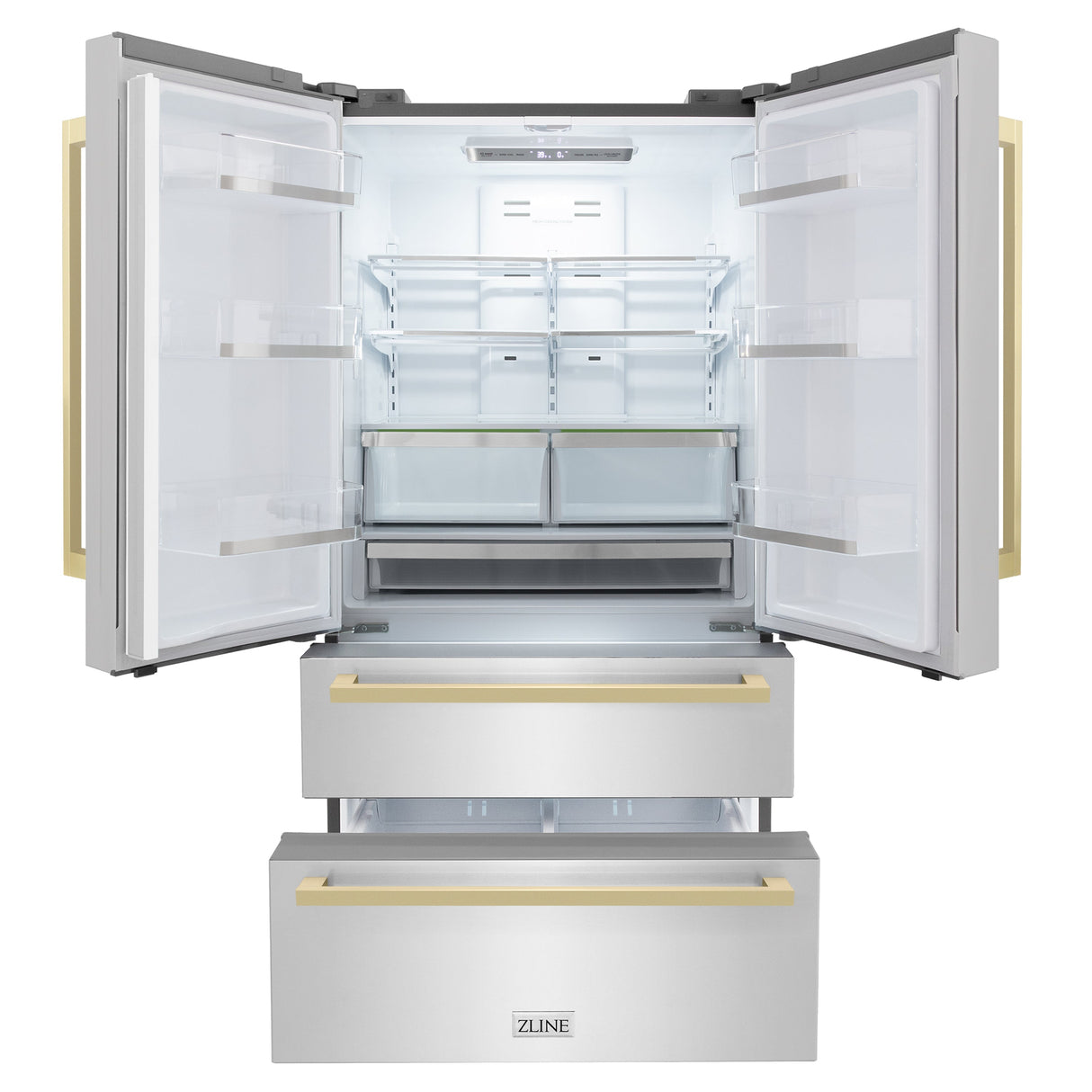 ZLINE Autograph Edition 36 in. 22.5 cu. ft. Counter-Depth French Door Refrigerator with Ice Maker in Fingerprint-Resistant Stainless Steel with Champagne Bronze Modern Handles (RFMZ-36-FCB)