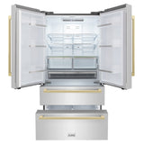 ZLINE Autograph Edition 36 in. 22.5 cu. ft. Counter-Depth French Door Refrigerator with Ice Maker in Fingerprint-Resistant Stainless Steel with Champagne Bronze Modern Handles (RFMZ-36-FCB)