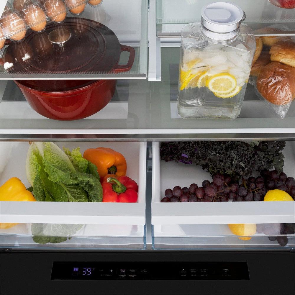 ZLINE 36 in. 21.6 cu. ft. Counter-Depth French Door Refrigerator with Water and Ice Dispenser in Fingerprint-Resistant Black Stainless Steel (RFM-W-36-BS)