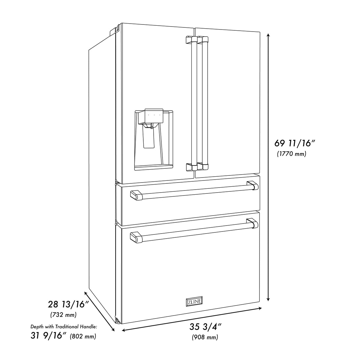 ZLINE 36 in. 21.6 cu. ft. Counter-Depth French Door Refrigerator with Water and Ice Dispenser in Fingerprint-Resistant Stainless Steel (RFM-W-36)