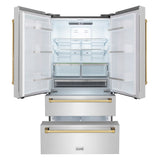 ZLINE Autograph Edition 36 in. 22.5 cu. ft. Counter-Depth French Door Refrigerator with Ice Maker in Fingerprint-Resistant Stainless Steel with Polished Gold Traditional Handles (RFMZ-36-G)