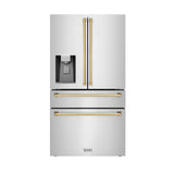 ZLINE Autograph Edition 36 in. 21.6 cu. ft. Counter-Depth French Door Refrigerator with Water and Ice Dispenser in Fingerprint-Resistant Stainless Steel with Polished Gold Traditional Handles (RFMZ-W-36-G)