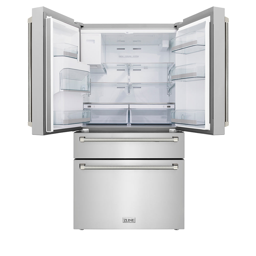 ZLINE Autograph Edition 36 in. 21.6 cu. ft. Counter-Depth French Door Refrigerator with Water and Ice Dispenser in Fingerprint-Resistant Stainless Steel with Polished Nickel Helix Handles (RFMZ-W-36-KPN)