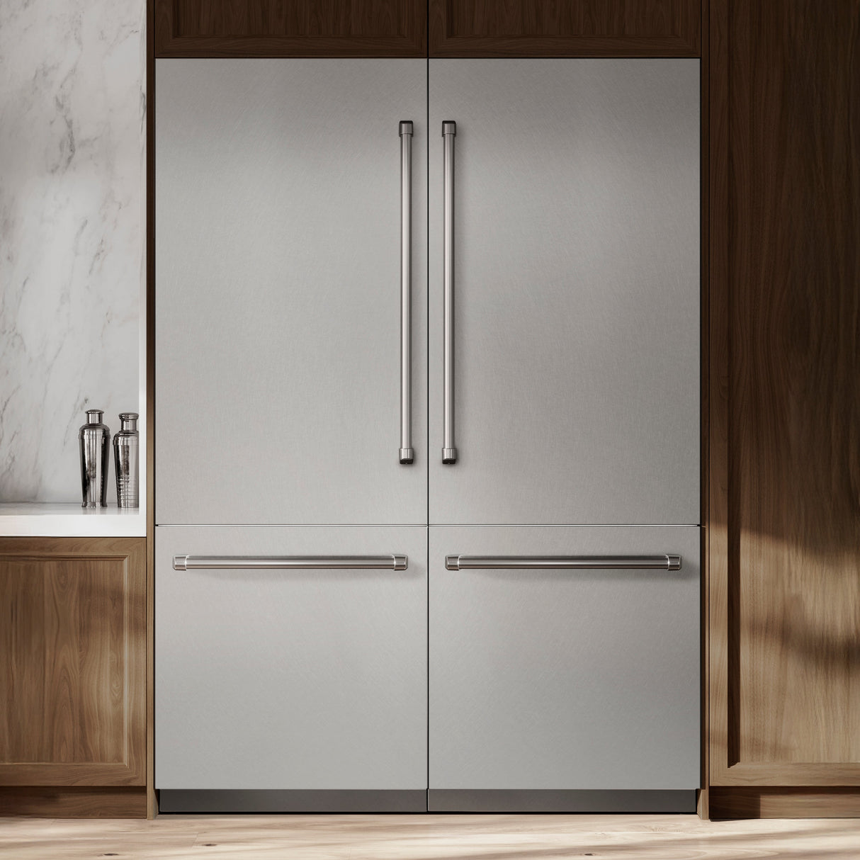 ZLINE 60 in. 32.2 cu. ft. French Door Built-In Bottom Freezer Refrigerator with Water Dispensers and Ice Makers in Satin Stainless Steel with Graphite Gray Interior (GRBIV-SN-60)