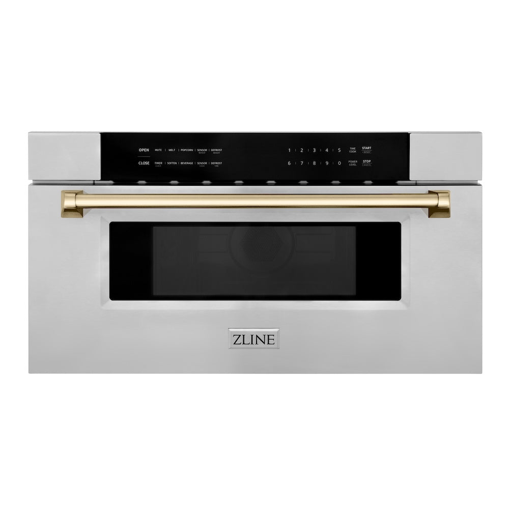 ZLINE Autograph Edition 30 in. 1.2 cu. ft. Built-In Microwave Drawer in Stainless Steel with Polished Gold Accents (MWDZ-30-G)