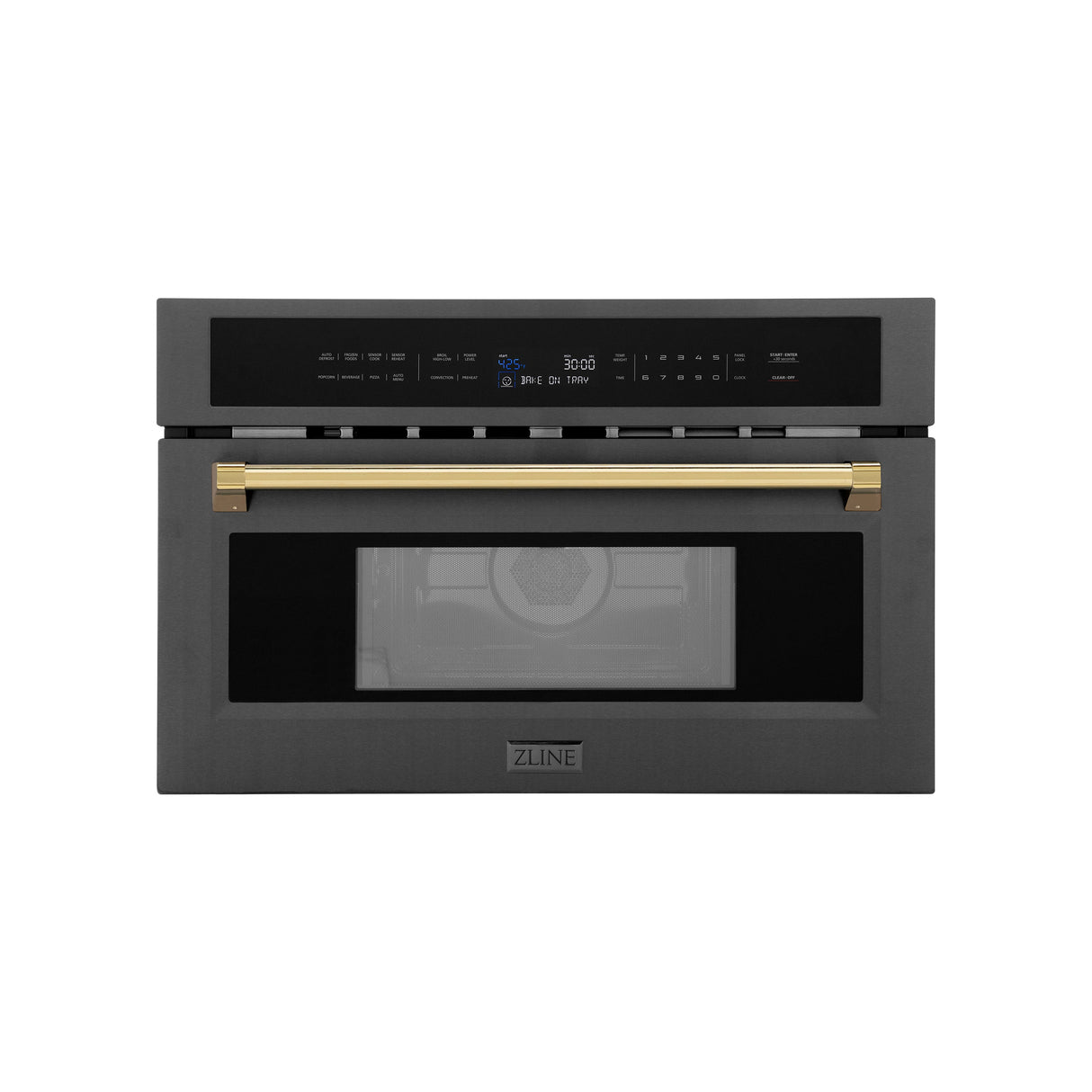 ZLINE Autograph Edition 30” 1.6 cu ft. Built-in Convection Microwave Oven in Black Stainless Steel and Polished Gold  Accents (MWOZ-30-BS-G)