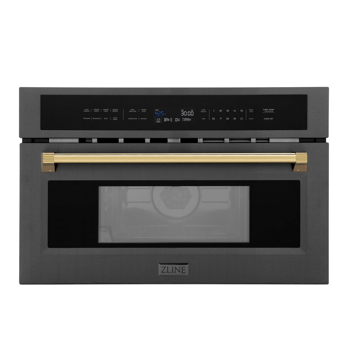 ZLINE Autograph Edition 30” 1.6 cu ft. Built-in Convection Microwave Oven in Black Stainless Steel and Polished Gold  Accents (MWOZ-30-BS-G)