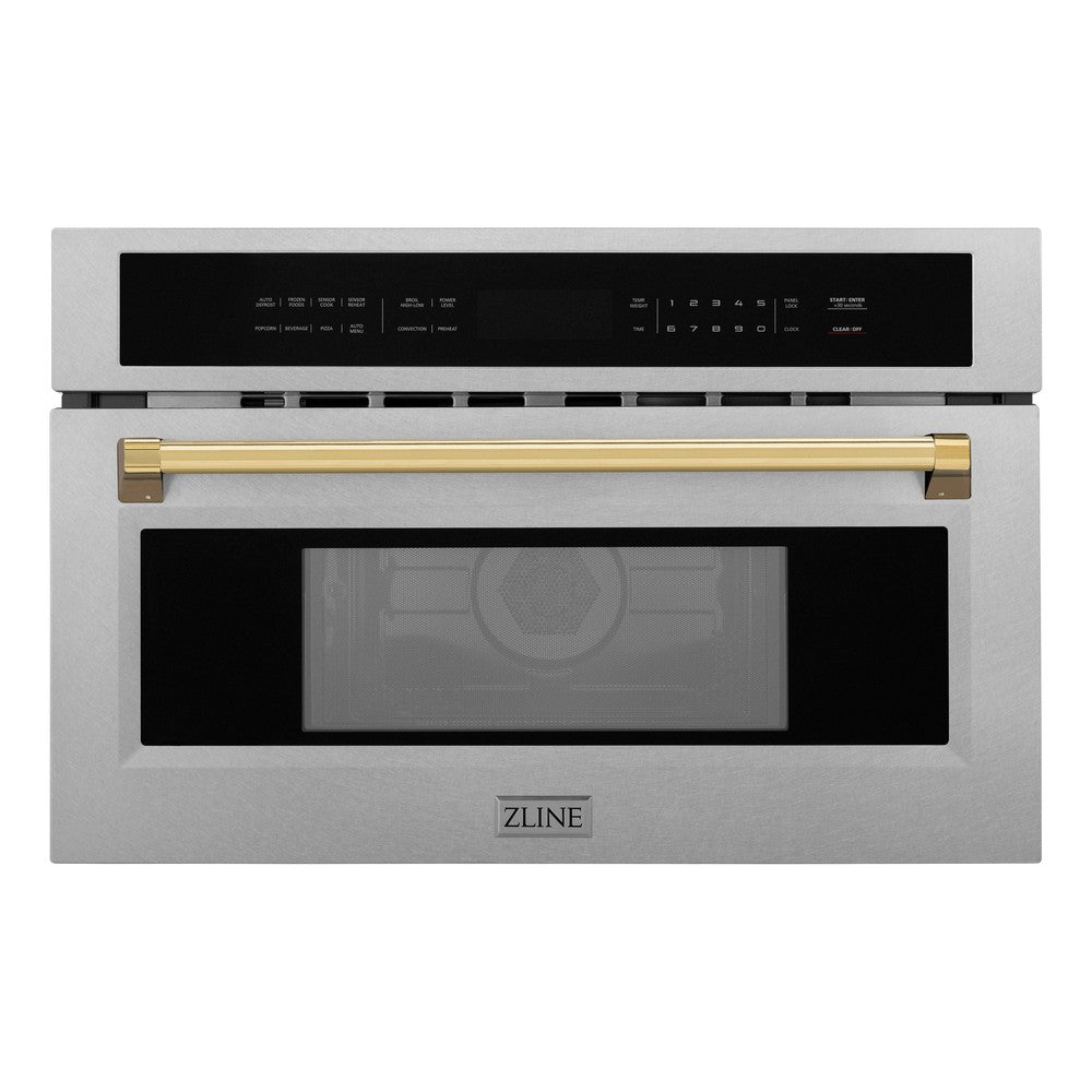 ZLINE Autograph Edition 30 in. 1.6 cu ft. Built-in Convection Microwave Oven in Satin Stainless Steel and Polished Gold Accents (MWOZ-30-SS-G)