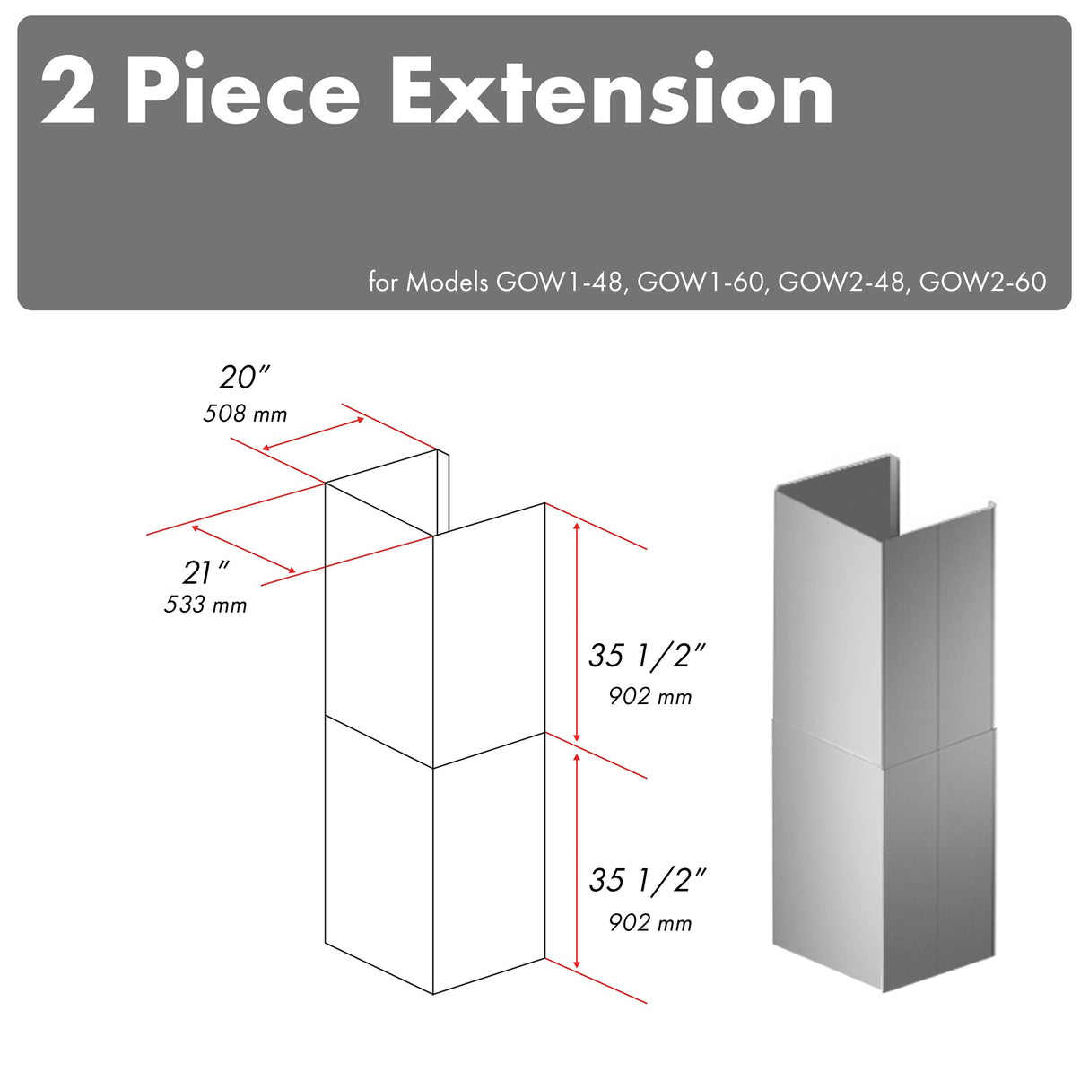 ZLINE 2 Piece 36 in. Chimney Extensions for Wall Mount Outdoor Grill Hood (2PEXT-GOW36)