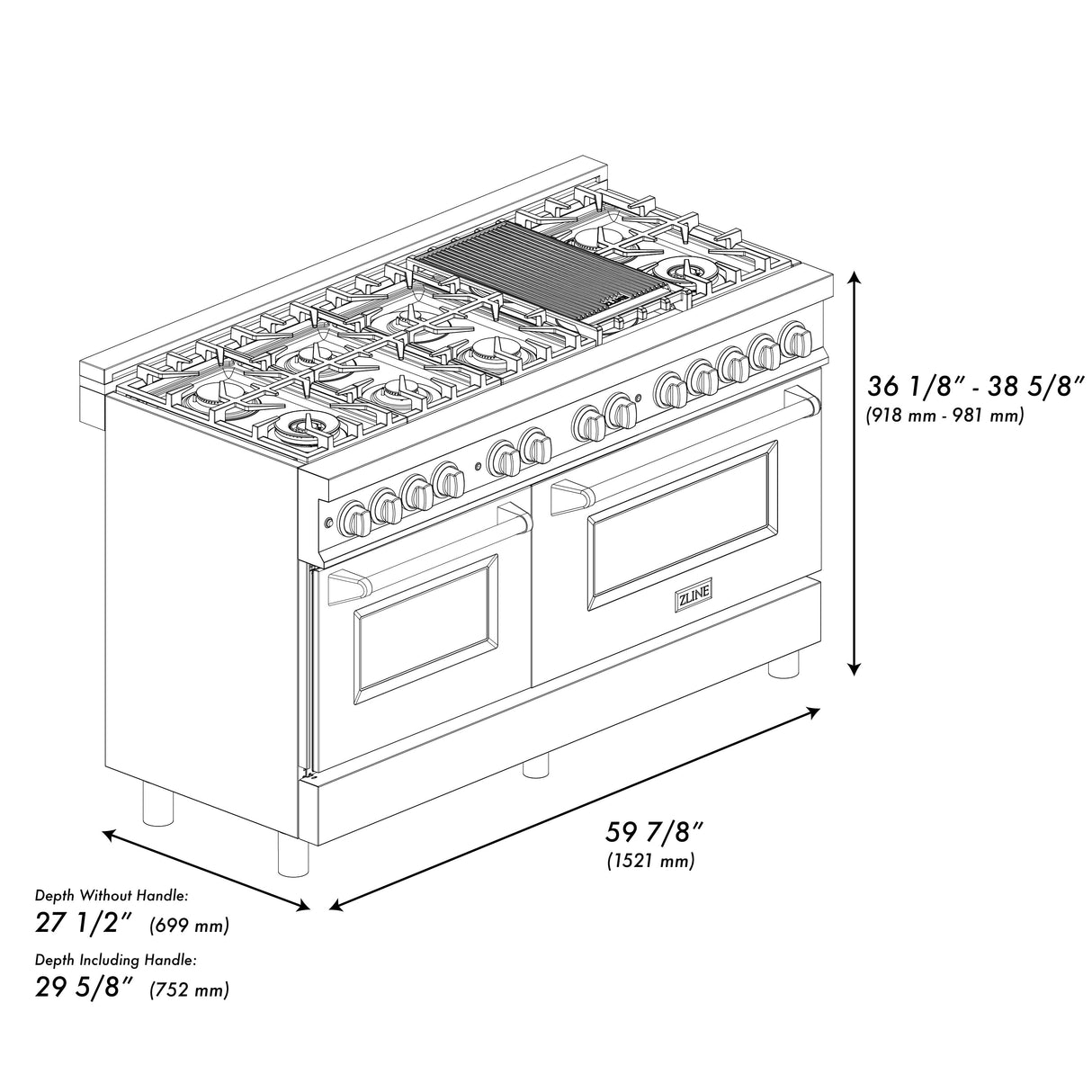 ZLINE 60 in. 7.4 cu. ft. Legacy Dual Fuel Range with 9 Burner Gas Cooktop and 2 Electric Convection Ovens