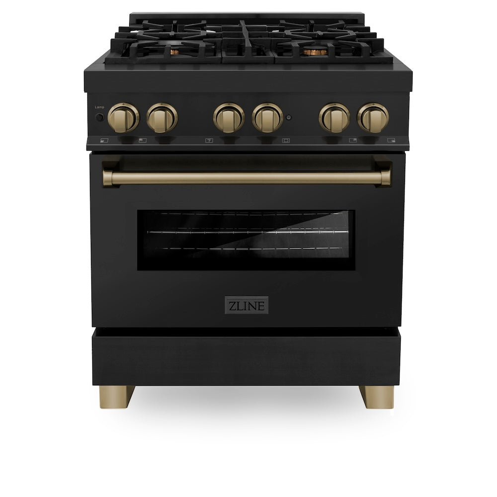 ZLINE Autograph Edition 30 in. 4.0 cu. ft. Legacy Dual Fuel Range with 4 Burner Gas Cooktop and Electric Convection Oven in Black Stainless Steel and Champagne Bronze Accents (RABZ-30-CB)