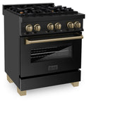 ZLINE Autograph Edition 30 in. 4.0 cu. ft. Legacy Dual Fuel Range with 4 Burner Gas Cooktop and Electric Convection Oven in Black Stainless Steel and Champagne Bronze Accents (RABZ-30-CB)