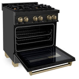 ZLINE Autograph Edition 30 in. 4.0 cu. ft. Legacy Dual Fuel Range with 4 Burner Gas Cooktop and Electric Convection Oven in Black Stainless Steel and Champagne Bronze Accents (RABZ-30-CB)