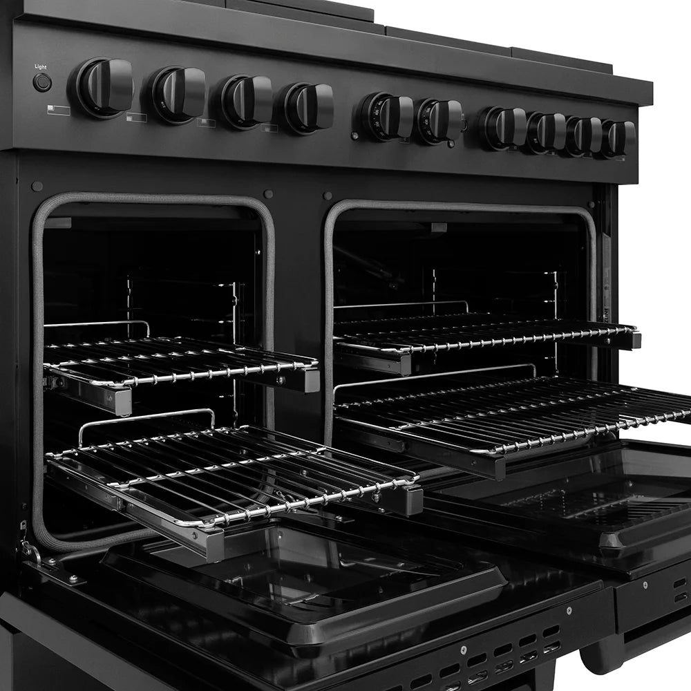ZLINE 48 in. 6.7 cu. ft. Paramount Gas Range with 8 Burner DuoPro™ Cooktop and Dual Ovens in Black Stainless Steel (PSGRB-48)
