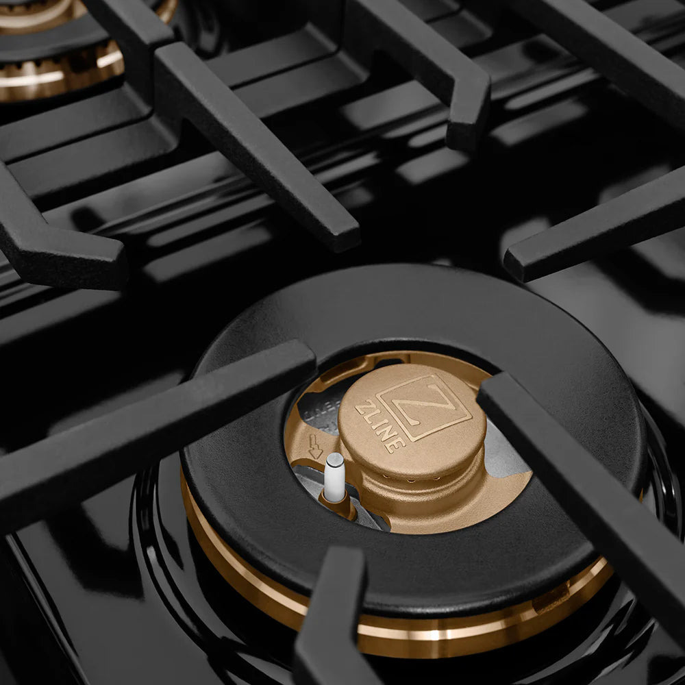 ZLINE Autograph Edition 48 in. 6.7 cu. ft. Paramount Gas Range with 8 Burner DuoPro™ Cooktop and Dual Ovens in Black Stainless Steel and Champagne Bronze Accents (PSGRBZ-48-CB)