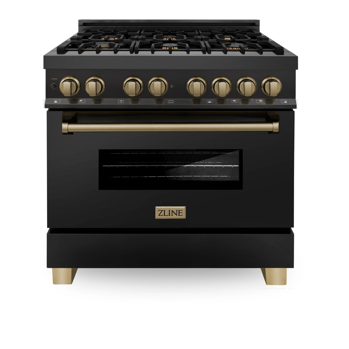 ZLINE Autograph Edition 36 in. 4.6 cu. ft. Legacy Dual Fuel Range with 6 Burner Gas Cooktop and Electric Convection Oven in Black Stainless Steel and Champagne Bronze Accents (RABZ-36-CB)