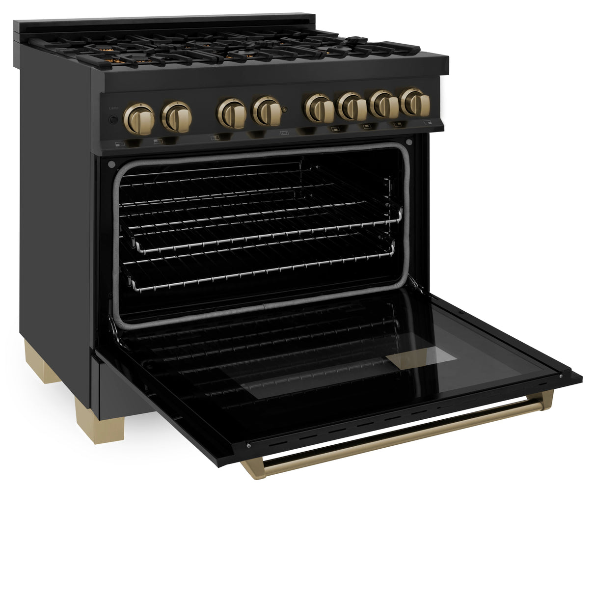 ZLINE Autograph Edition 36 in. 4.6 cu. ft. Legacy Dual Fuel Range with 6 Burner Gas Cooktop and Electric Convection Oven in Black Stainless Steel and Champagne Bronze Accents (RABZ-36-CB)