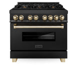 ZLINE Autograph Edition 36 in. 4.6 cu. ft. Legacy Dual Fuel Range with 6 Burner Gas Cooktop and Electric Convection Oven in Black Stainless Steel and Polished Gold Accents (RABZ-36-G)