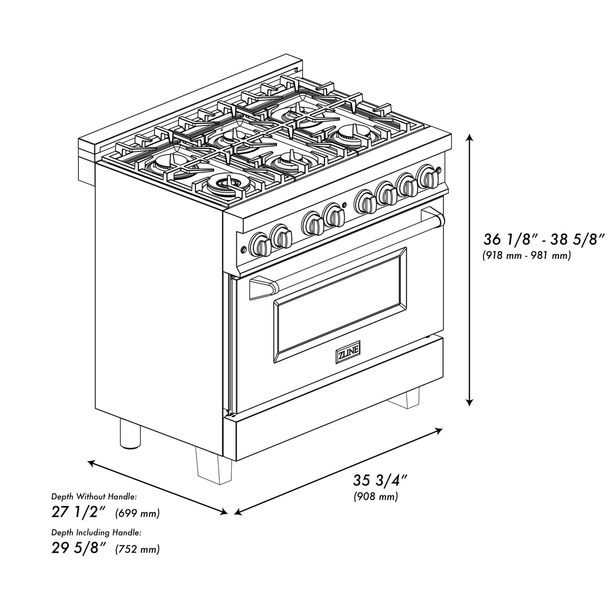 ZLINE 36 in. 4.6 cu. ft. Legacy Dual Fuel Range with 6 Burner Gas Cooktop and Electric Convection Oven in Satin Stainless Steel with Griddle (RAS-SN-GR-36)