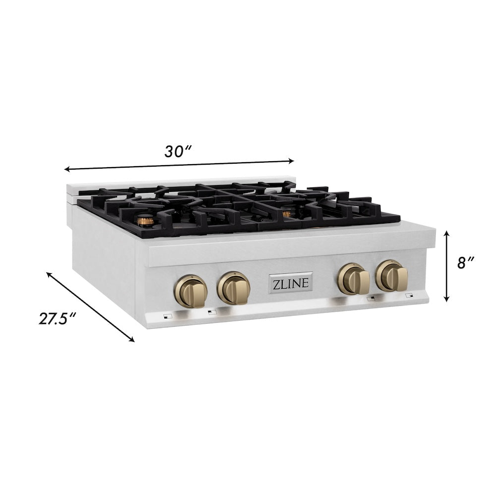 ZLINE Autograph Edition 30 in. Legacy Gas Rangetop with 4 Burners and Porcelain Cooktop in Satin Stainless Steel with Champagne Bronze Accents (RTSZ-30-CB)