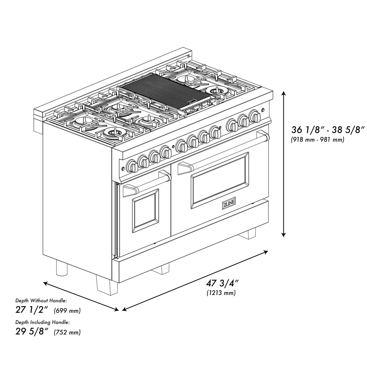ZLINE 48 in. 6.0 cu. ft. Legacy Dual Fuel Range with Gas Cooktop and 2 Electric Ovens in Satin Stainless Steel with 6 Brass Burners and Griddle (RAS-SN-BR-GR-48)