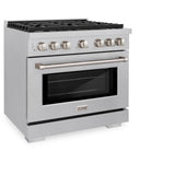ZLINE 36 in. 5.2 cu. ft. Paramount Dual Fuel Range with Gas Cooktop and Electric Convection Oven in Satin Stainless Steel with 6 Brass Burners (SDRS-BR-36)