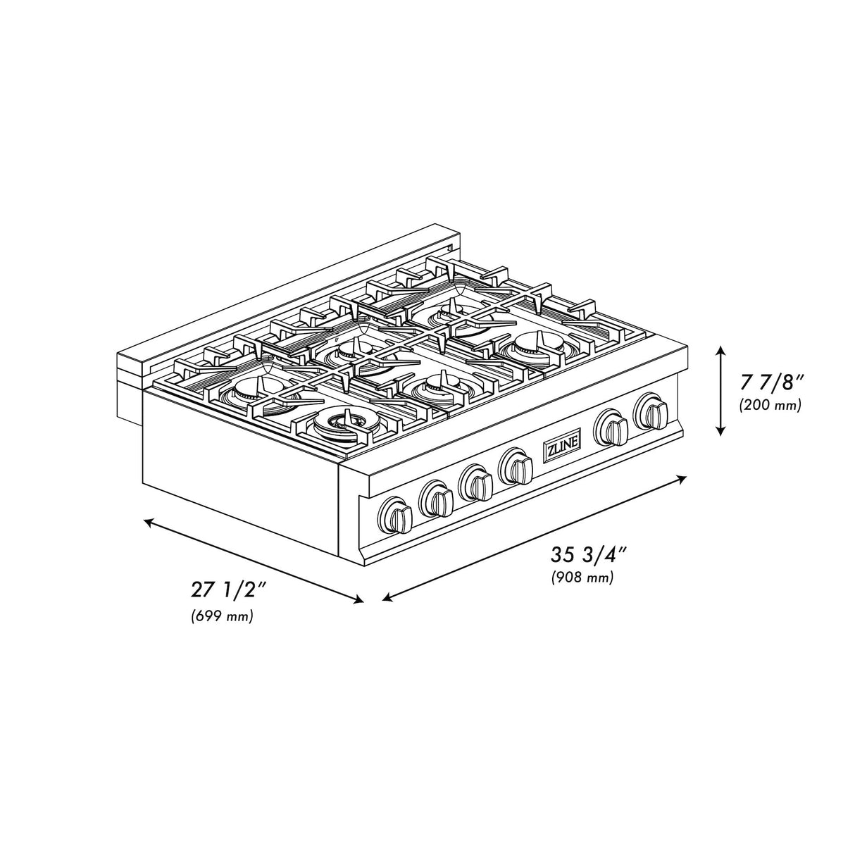 ZLINE 36 in. Legacy Gas Rangetop with 6 Brass Burners and Porcelain Cooktop in Satin Stainless Steel (RTS-BR-36)