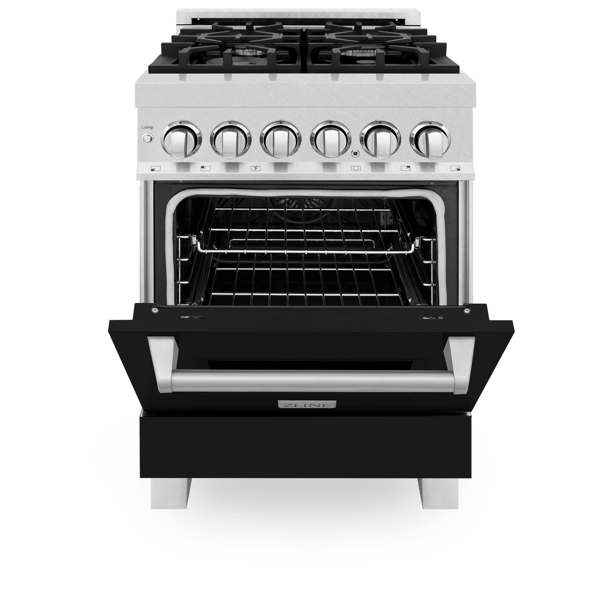 ZLINE 24 in. 2.8 cu. ft. Legacy Dual Fuel Range with 4 Burner Gas Cooktop and Electric Convection Oven in Satin Stainless Steel and Black Matte Door (RAS-BLM-24)