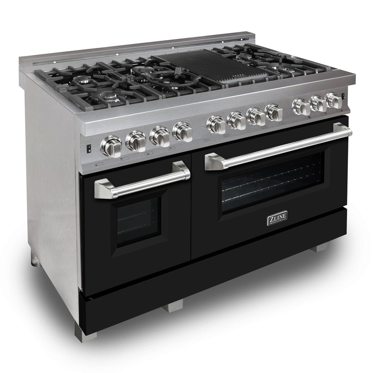 ZLINE 48 in. 6.0 cu. ft. Legacy Dual Fuel Range with 7 Burner Gas Cooktop and 2 Electric Ovens in Satin Stainless Steel and Black Matte Doors (RAS-BLM-48)