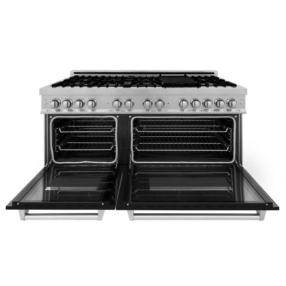 ZLINE 60 in. 7.4 cu. ft. Legacy Dual Fuel Range with 9 Burner Gas Cooktop and 2 Electric Convection Ovens in Satin Stainless Steel and Black Matte Doors (RAS-BLM-60)