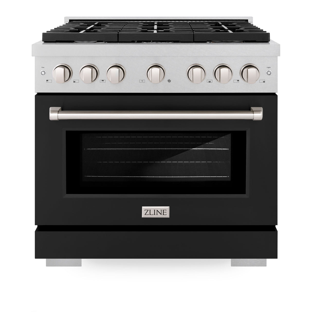 ZLINE 36 in. 5.2 cu. ft. Paramount Dual Fuel Range with 6 Burner Gas Cooktop and Electric Convection Oven in Satin Stainless Steel with Black Matte Door (SDRS-BLM-36)
