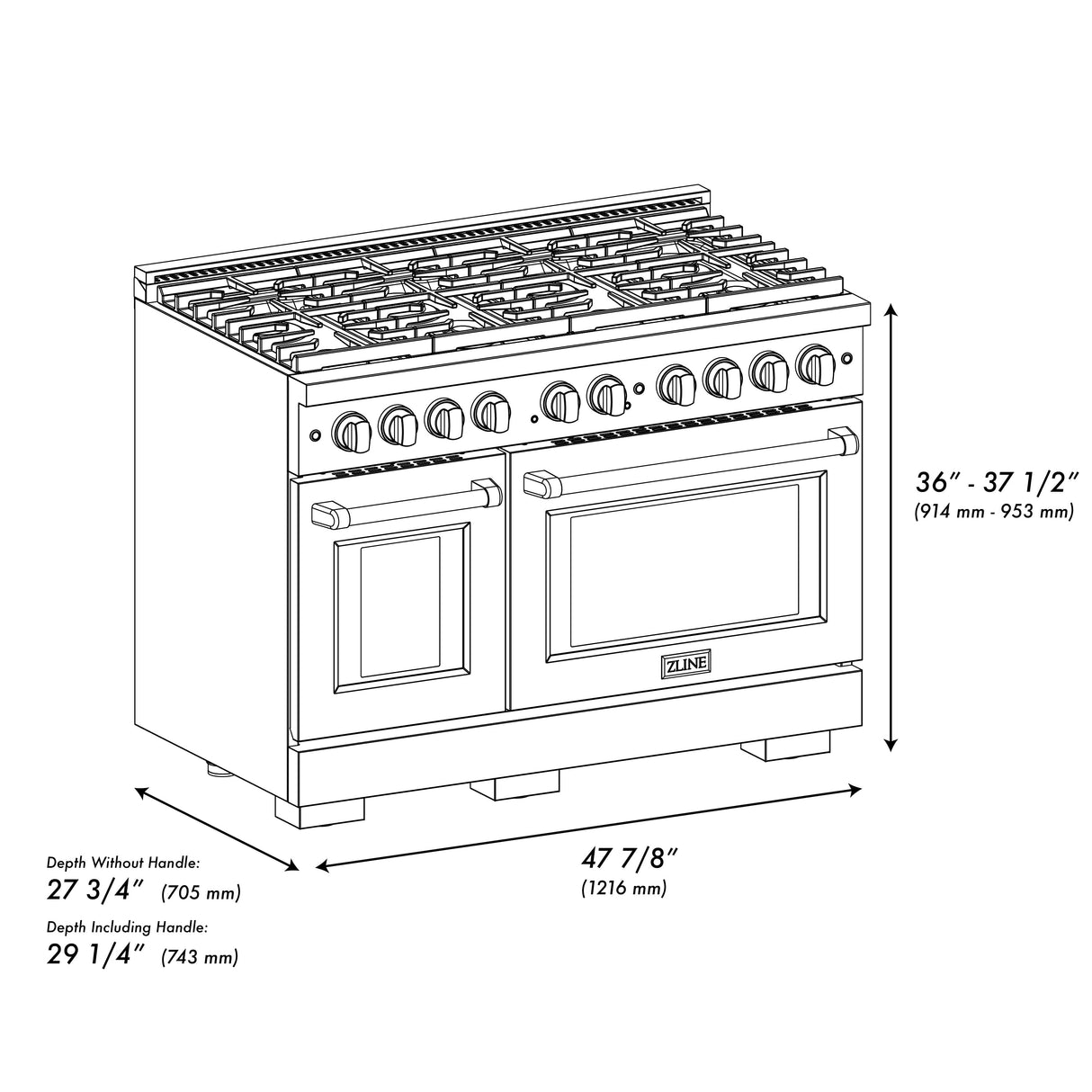 ZLINE 48 in. 6.7 cu. ft. Paramount Double Oven Gas Range with 8 Burner Cooktop in Satin Stainless Steel with Black Matte Doors (SGRS-BLM-48)