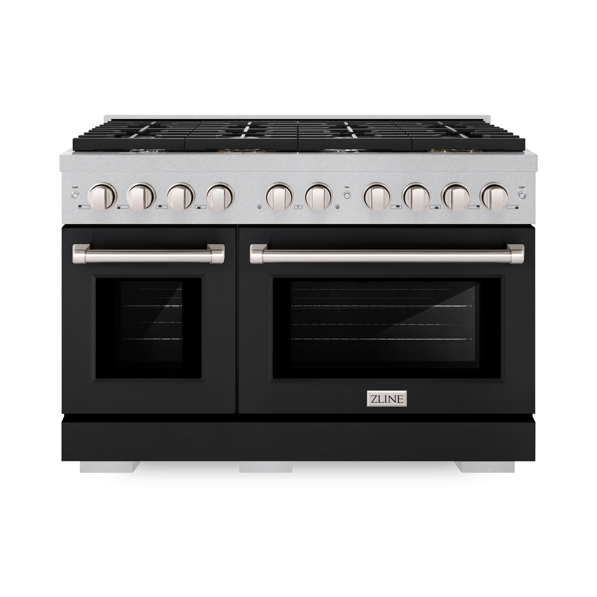 ZLINE 48 in. 6.7 cu. ft. Paramount Double Oven Gas Range with 8 Burner Cooktop in Satin Stainless Steel with Black Matte Doors (SGRS-BLM-48)