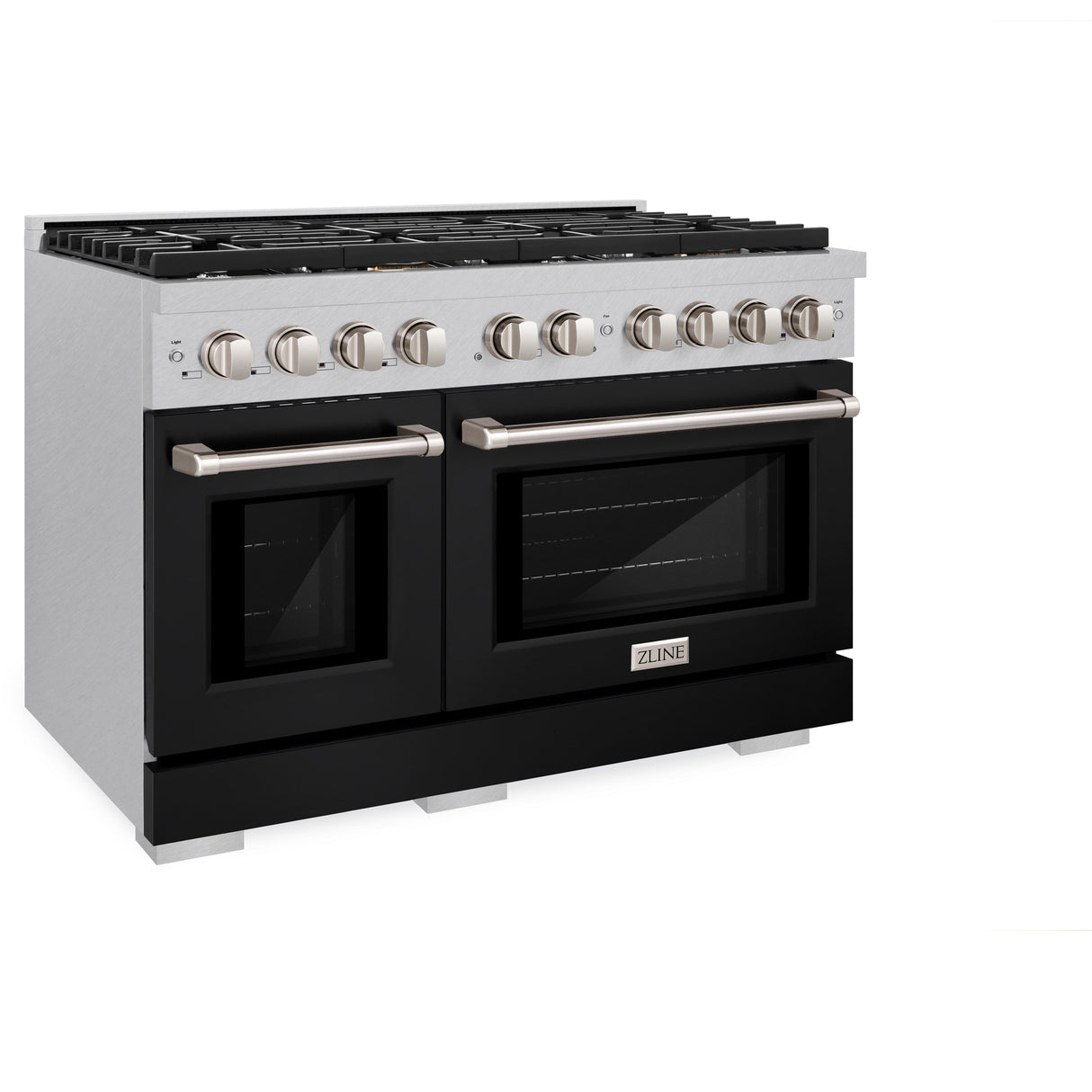 ZLINE 48 in. 6.7 cu. ft. Paramount Double Oven Gas Range with 8 Burner Cooktop in Satin Stainless Steel with Black Matte Doors (SGRS-BLM-48)