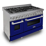 ZLINE 48 in. 6.0 cu. ft. Legacy Dual Fuel Range with 7 Burner Gas Cooktop and 2 Electric Ovens in Satin Stainless Steel and Blue Matte Doors (RAS-BM-48)