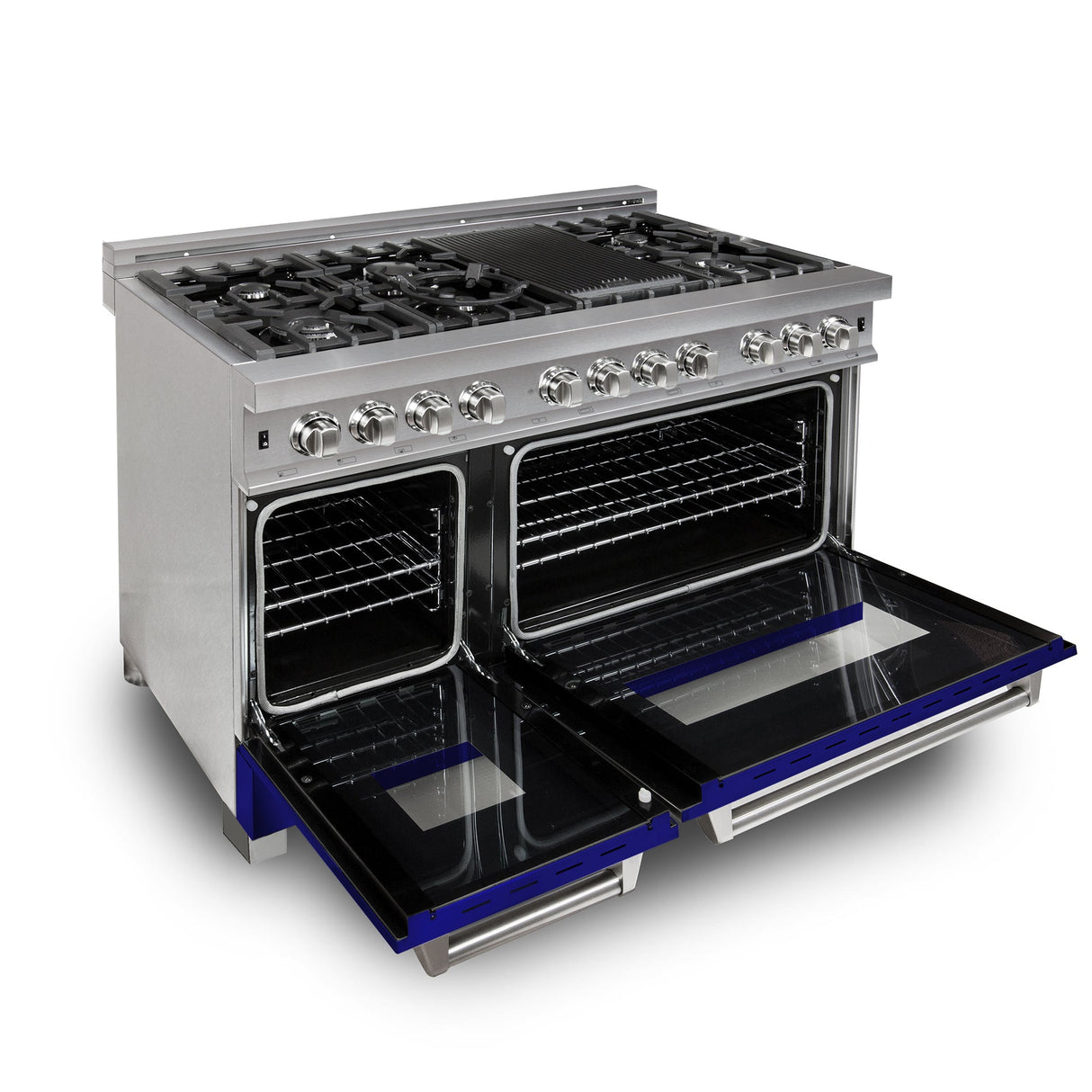 ZLINE 48 in. 6.0 cu. ft. Legacy Dual Fuel Range with 7 Burner Gas Cooktop and 2 Electric Ovens in Satin Stainless Steel and Blue Matte Doors (RAS-BM-48)