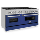 ZLINE 60 in. 7.4 cu. ft. Legacy Dual Fuel Range with 9 Burner Gas Cooktop and 2 Electric Convection Ovens in Satin Stainless Steel and Blue Matte Doors (RAS-BM-60)