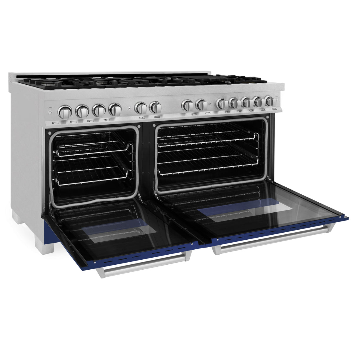 ZLINE 60 in. 7.4 cu. ft. Legacy Dual Fuel Range with 9 Burner Gas Cooktop and 2 Electric Convection Ovens in Satin Stainless Steel and Blue Matte Doors (RAS-BM-60)