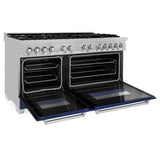 ZLINE 60 in. 7.4 cu. ft. Legacy Dual Fuel Range with 9 Burner Gas Cooktop and 2 Electric Convection Ovens in Satin Stainless Steel and Blue Matte Doors (RAS-BM-60)