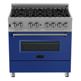 ZLINE 36 in. 4.6 cu. ft. Legacy Dual Fuel Range with 6 Burner Gas Cooktop and Electric Convection Oven in Satin Stainless Steel and Blue Matte Door (RAS-BM-36)