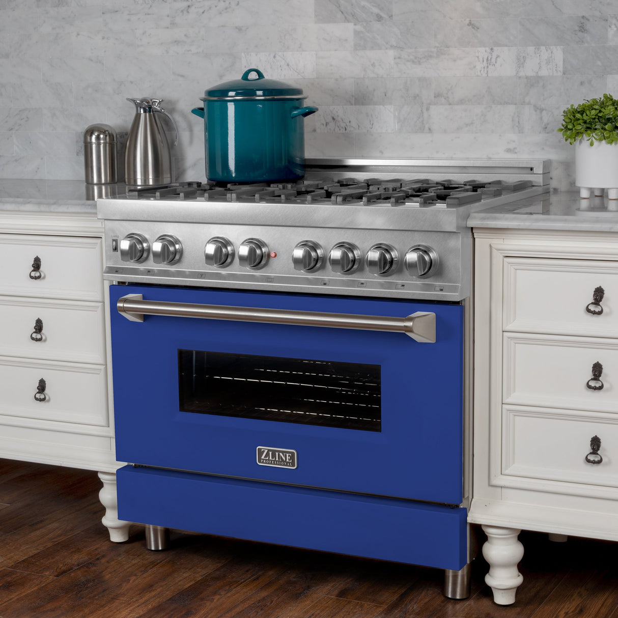 ZLINE 36 in. 4.6 cu. ft. Legacy Dual Fuel Range with 6 Burner Gas Cooktop and Electric Convection Oven in Satin Stainless Steel and Blue Matte Door (RAS-BM-36)