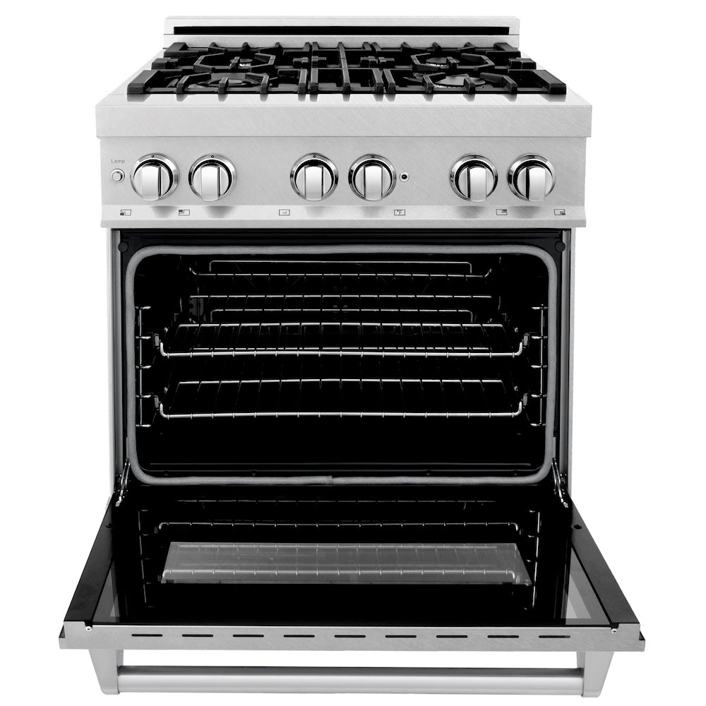 ZLINE 30 in. 4.0 cu. ft. Legacy Dual Fuel Range with 4 Burner Gas Cooktop and Electric Convection Oven in Satin Stainless Steel (RAS-SN-30)