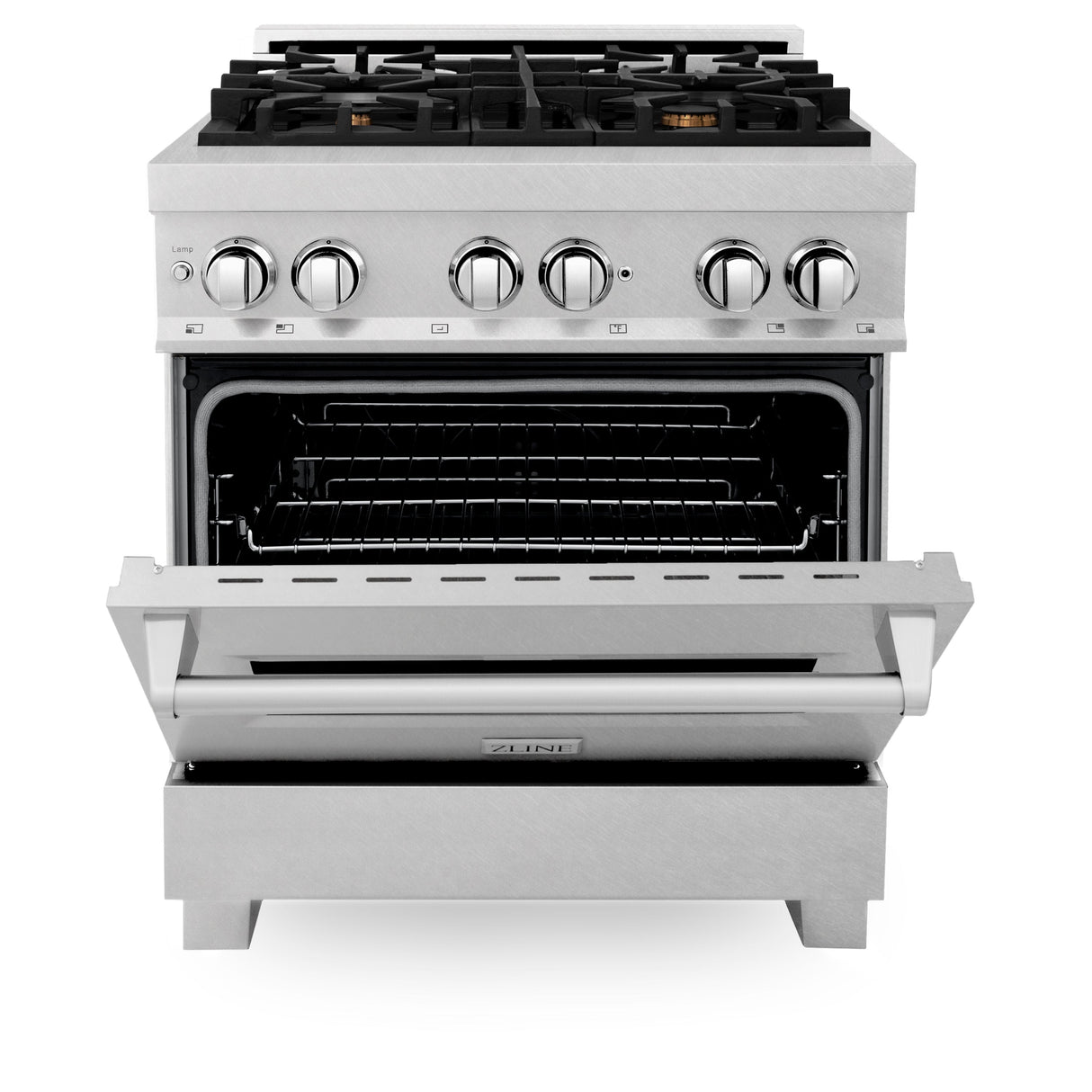 ZLINE 30 in. 4.0 cu. ft. Legacy Dual Fuel Range with Gas Cooktop and Electric Convection Oven in Satin Stainless Steel with 4 Brass Burners (RAS-SN-BR-30)