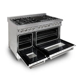 ZLINE 48 in. 6.0 cu. ft. Legacy Dual Fuel Range with 7 Burner Gas Cooktop and 2 Electric Ovens in Satin Stainless Steel and White Matte Doors (RAS-WM-48)