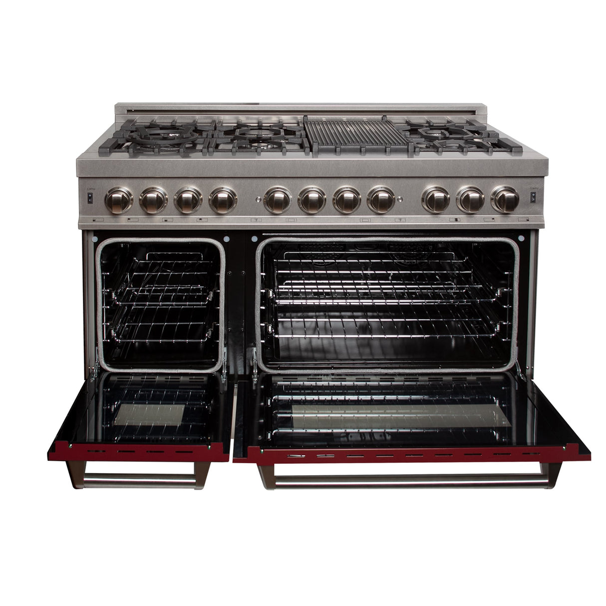 ZLINE 30 in. 4.0 cu. ft. Legacy Dual Fuel Range with 4 Burner Gas Cooktop and Electric Convection Oven in Satin Stainless Steel and Red Matte Door (RAS-RM-30)