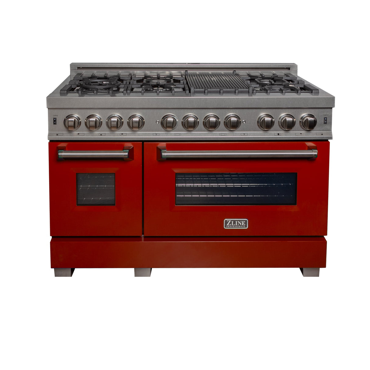 ZLINE 30 in. 4.0 cu. ft. Legacy Dual Fuel Range with 4 Burner Gas Cooktop and Electric Convection Oven in Satin Stainless Steel and Red Matte Door (RAS-RM-30)