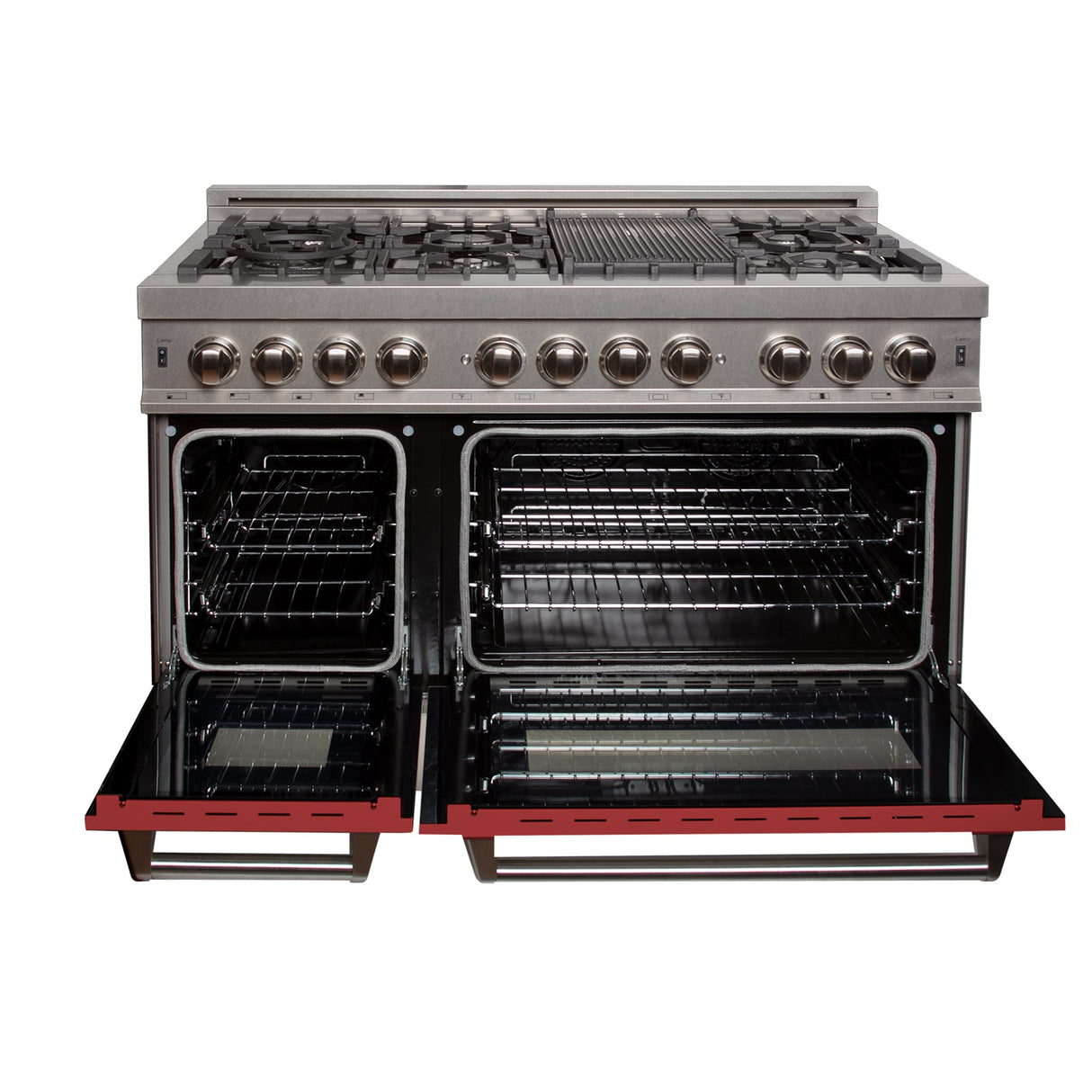 ZLINE 48 in. 6.0 cu. ft. Legacy Dual Fuel Range with 7 Burner Gas Cooktop and 2 Electric Ovens in Satin Stainless Steel and Red Matte Doors (RAS-RM-48)