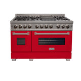 ZLINE 48 in. 6.0 cu. ft. Legacy Dual Fuel Range with 7 Burner Gas Cooktop and 2 Electric Ovens in Satin Stainless Steel and Red Matte Doors (RAS-RM-48)