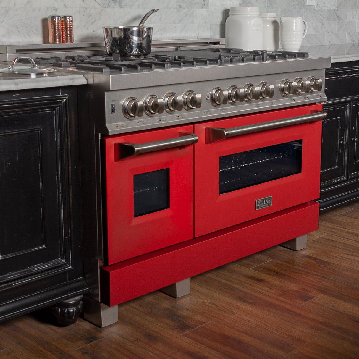 ZLINE 48 in. 6.0 cu. ft. Legacy Dual Fuel Range with 7 Burner Gas Cooktop and 2 Electric Ovens in Satin Stainless Steel and Red Matte Doors (RAS-RM-48)